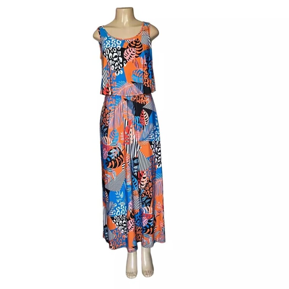 Robert Louis Sleeveless Wide Strap Bohemian Multi-Color Popover Maxi Dress S